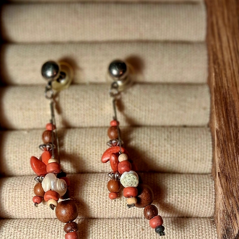 Handcrafted Coral and Wood Bead Drop Earrings - Natural Coral